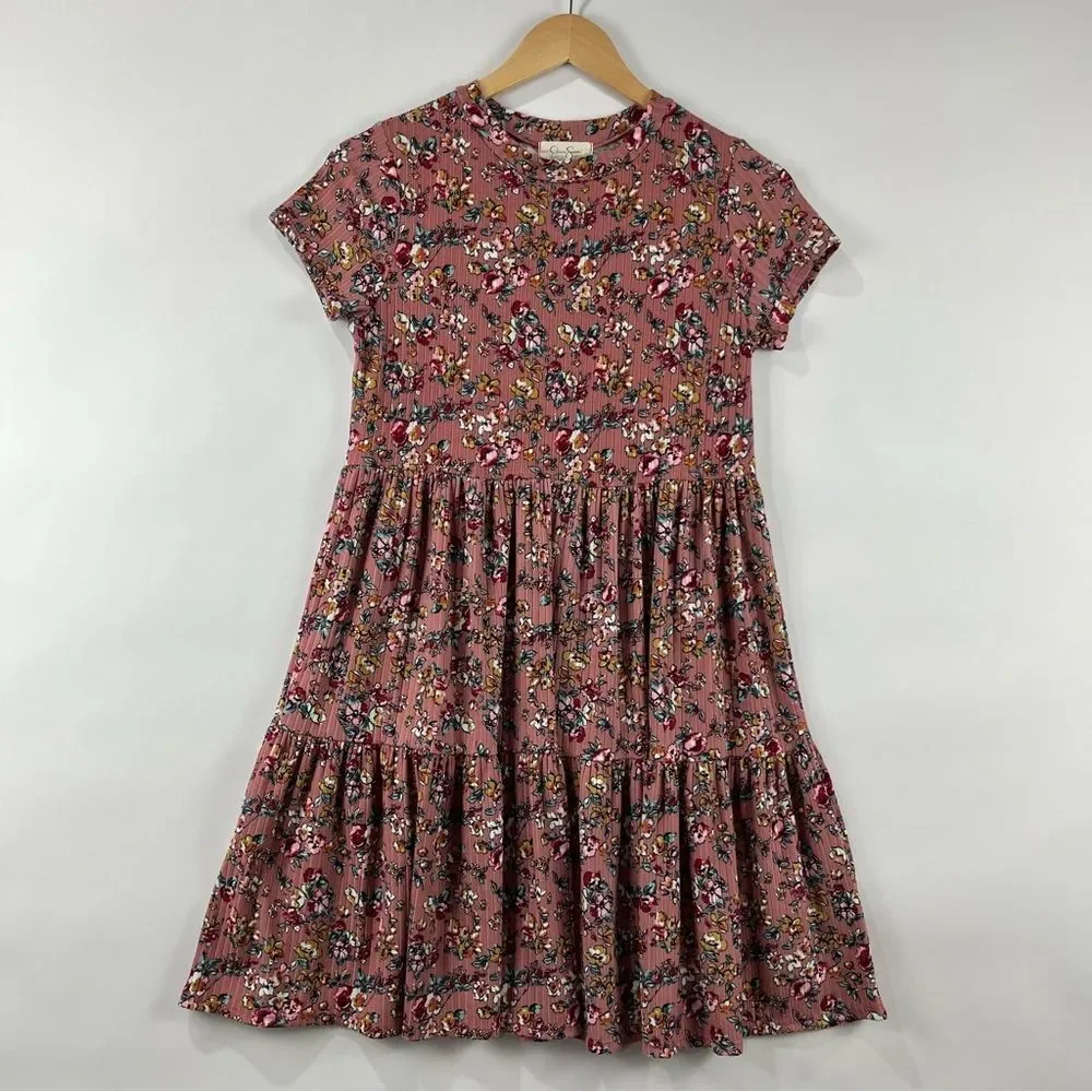 Jessica Simpson Floral Tiered Dress Size M Pink Short Sleeve Ribbed Knit - Picture 2 of 6